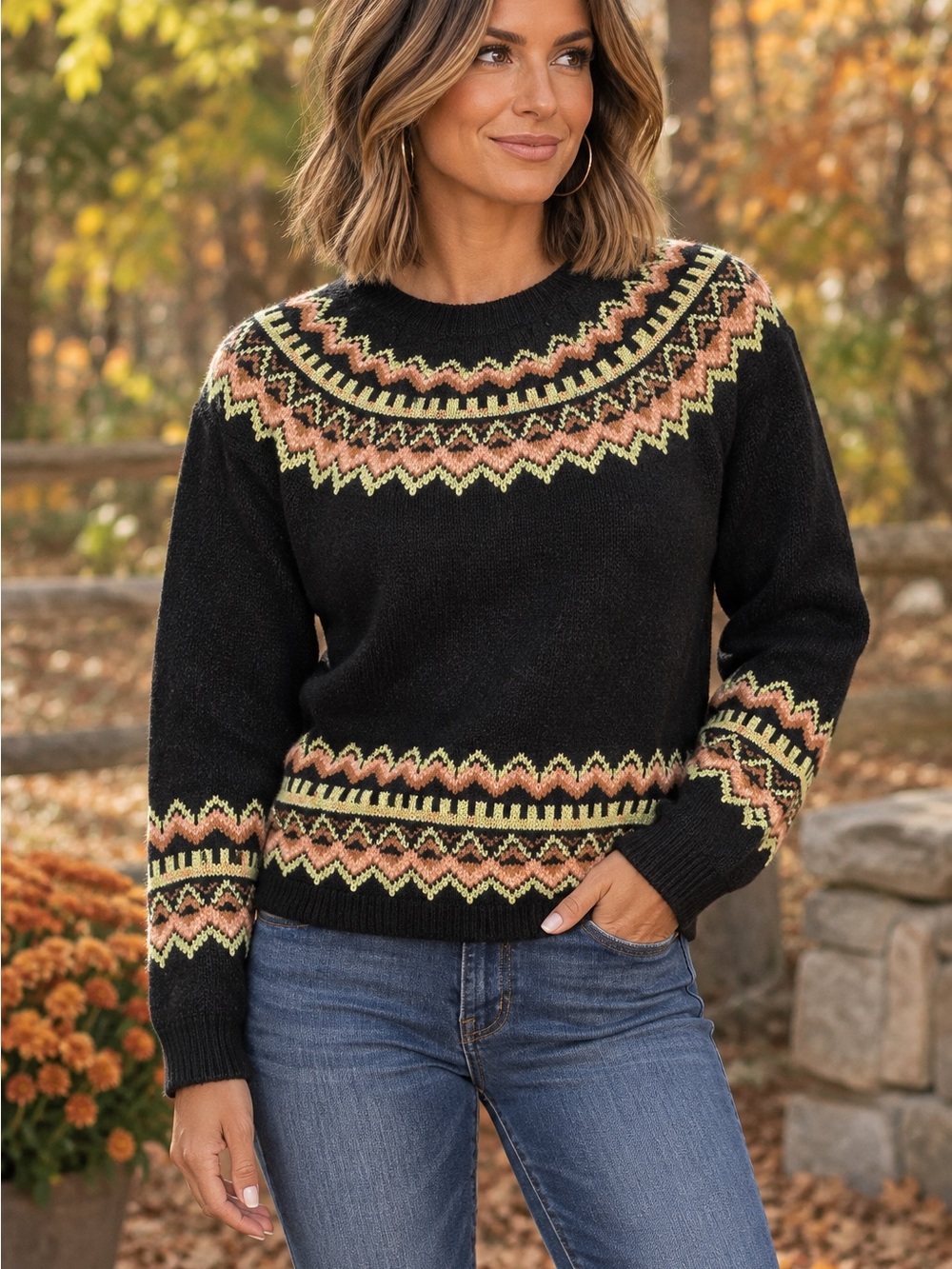 Forever 21 Black Fair Isle Crewneck Sweater with Pink and Yellow Accents